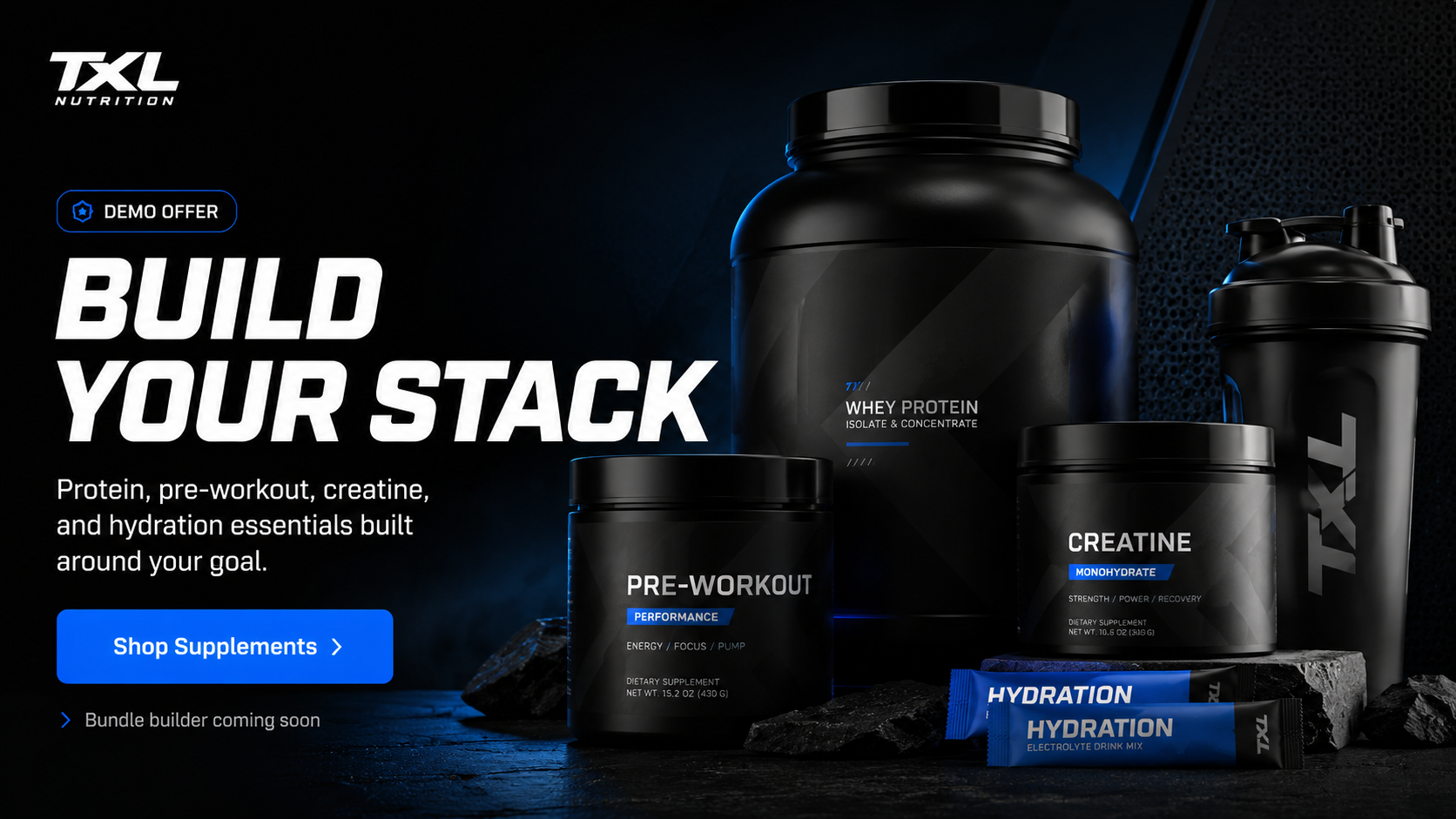 Build Your Stack — protein, pre-workout, creatine, and hydration essentials. Shop Supplements.